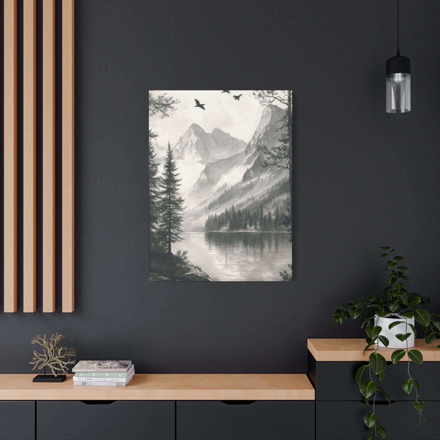 Lake Through Forest Grey Wall Art & Canvas Prints