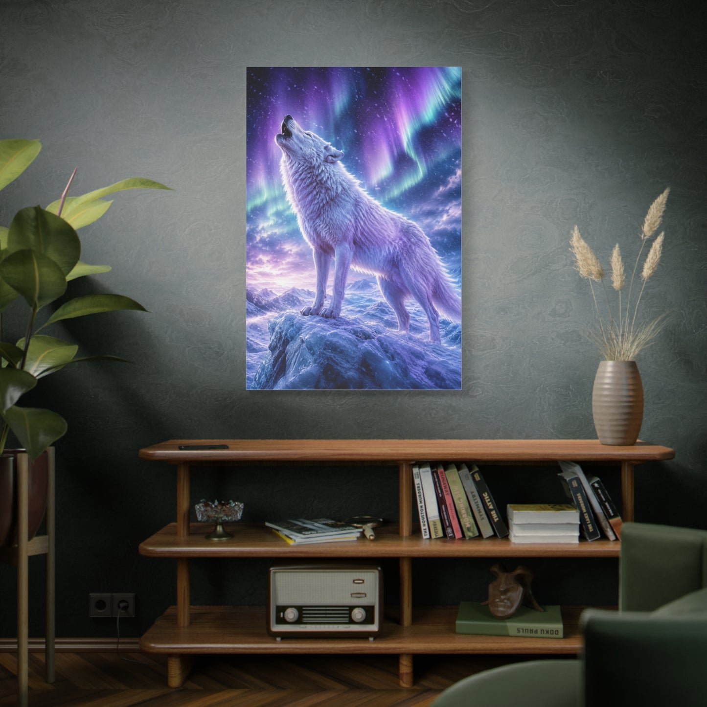 Aurora Night White Wolf Howling Scene Wall Art & Canvas Print