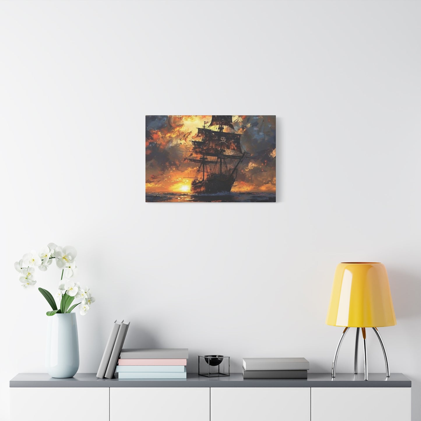 Ship In Sea With Sunset Wall Art & Canvas Prints