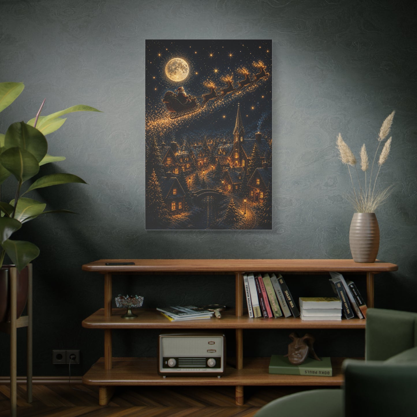 Moonlit Santa Sleigh Over Winter Village Wall Art & Canvas Print