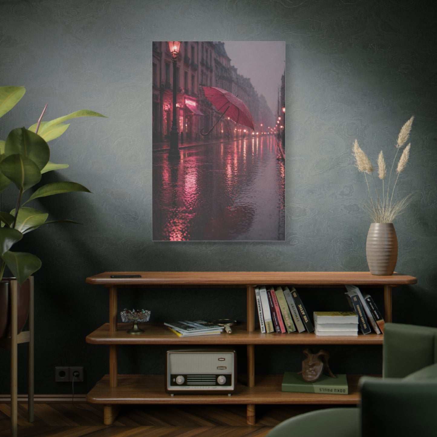 Romantic Pink Rain Street Reflection Wall Art & Canvas Print