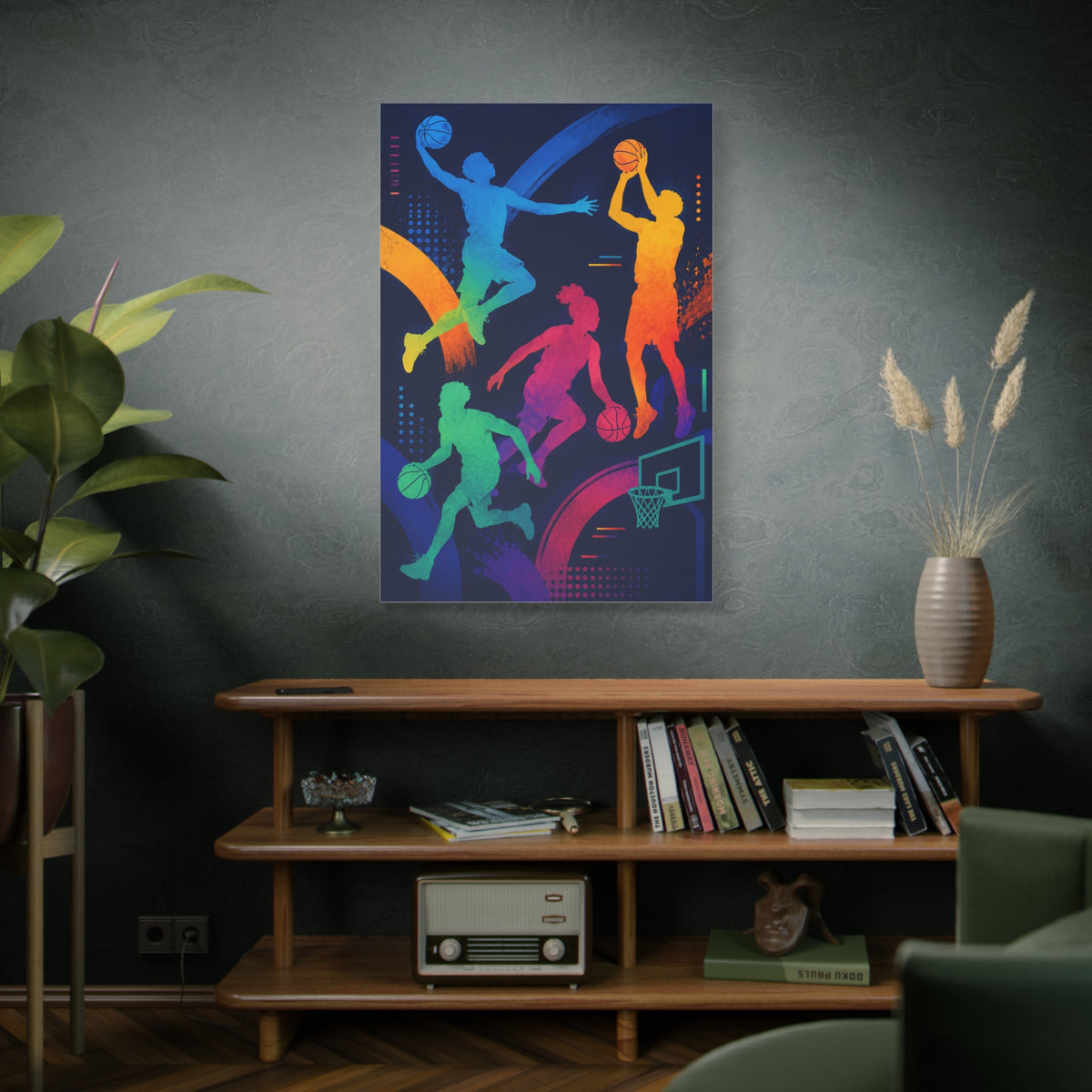 Rainbow Basketball Silhouette Sports Wall Art & Canvas Print
