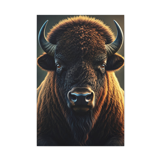 Cinematic Frontal Bison Portrait with Golden Backlight Wall Art & Canvas Print