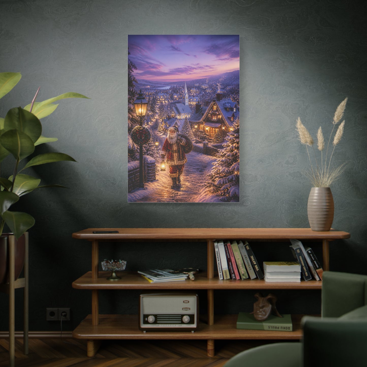 Snowy Village Santa Lantern Walk Wall Art & Canvas Print