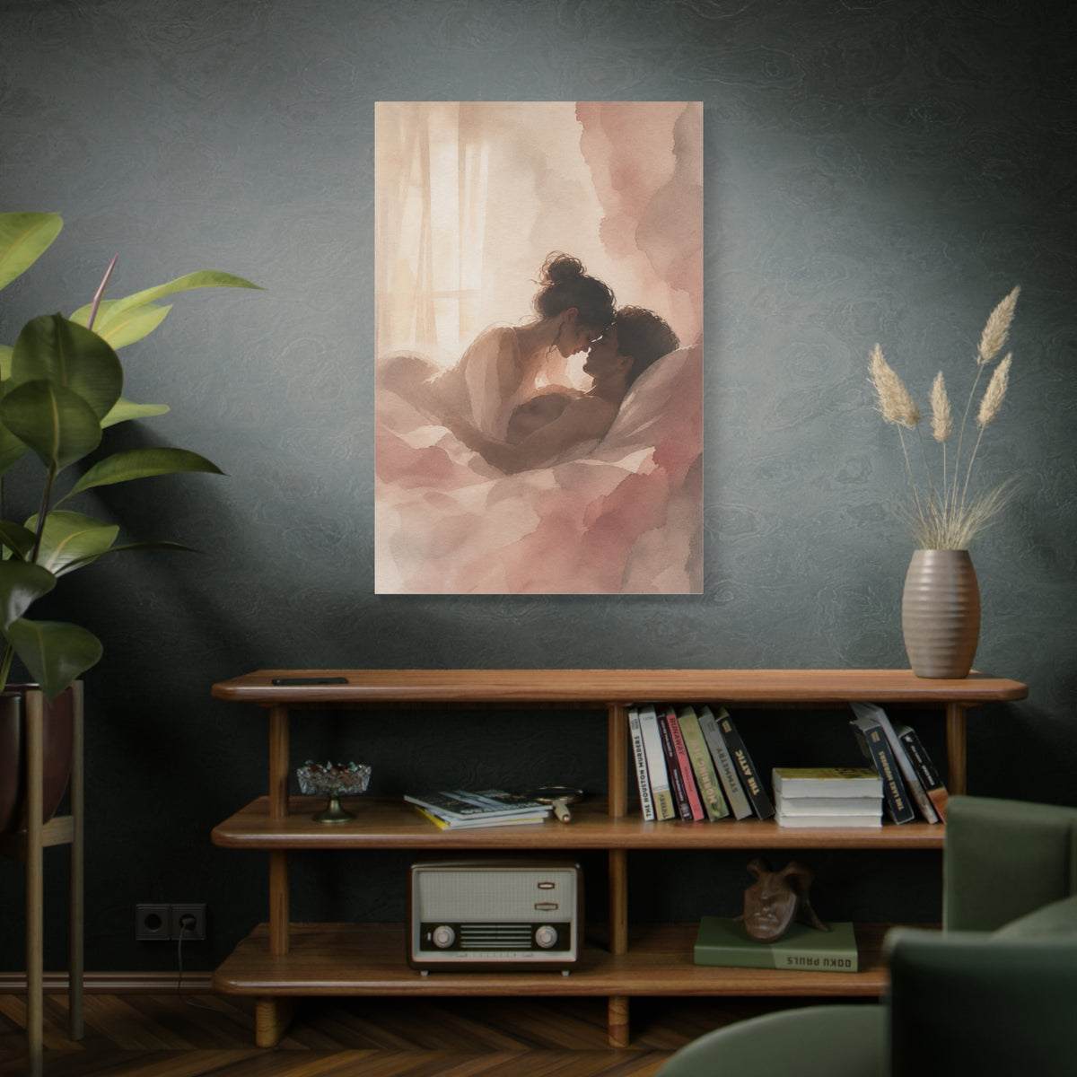 Soft Watercolor Lovers Sunrise Embrace Wall Art & Canvas Print