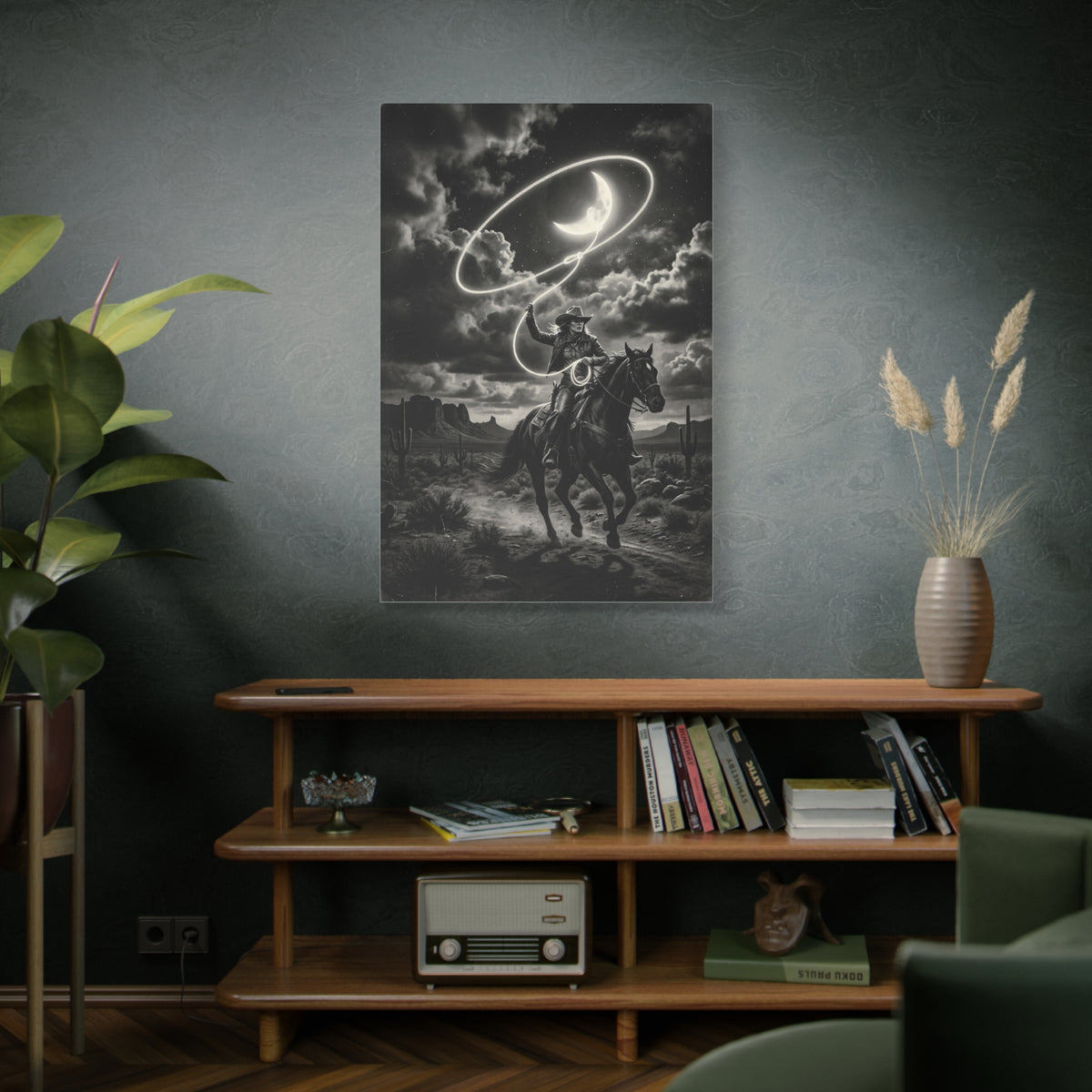 Moon Lasso Cowgirl Night Scene Wall Art & Canvas Print