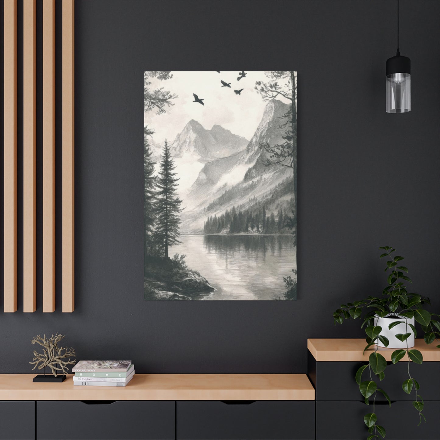 Lake Through Forest Grey Wall Art & Canvas Prints