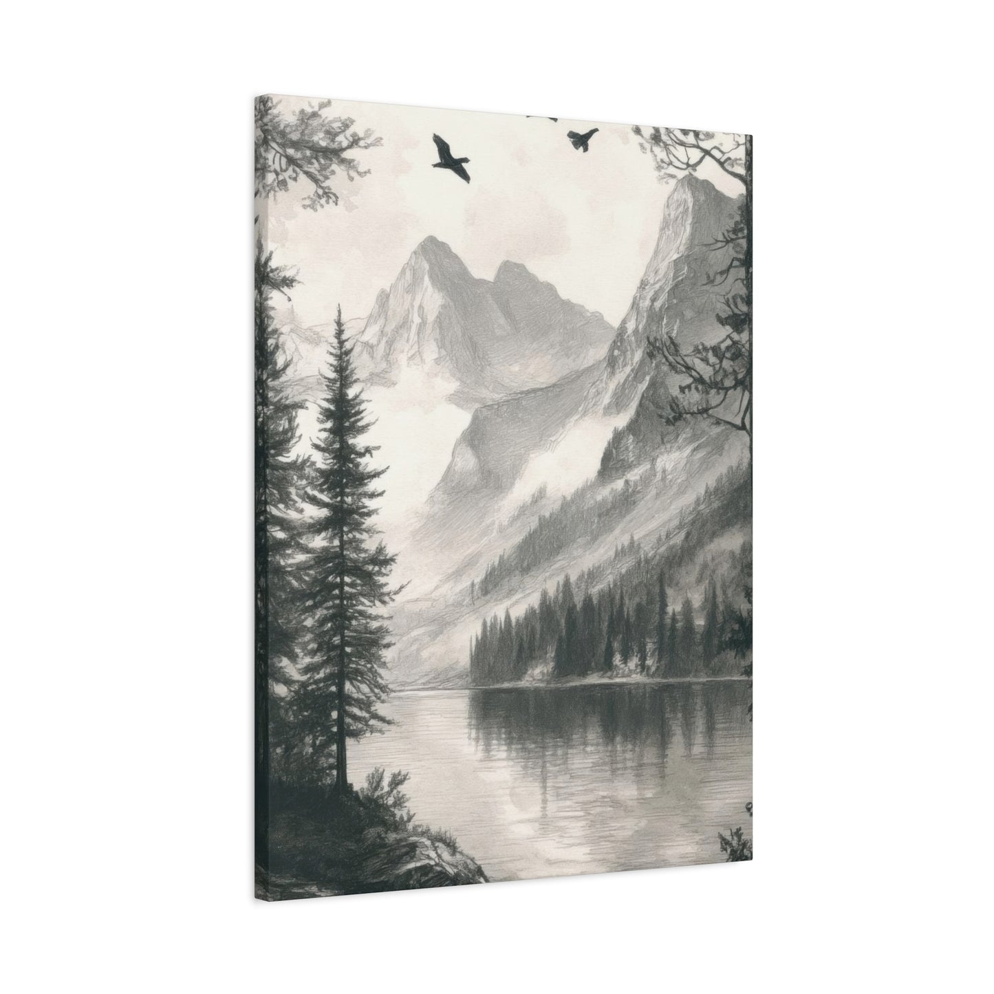 Lake Through Forest Grey Wall Art & Canvas Prints