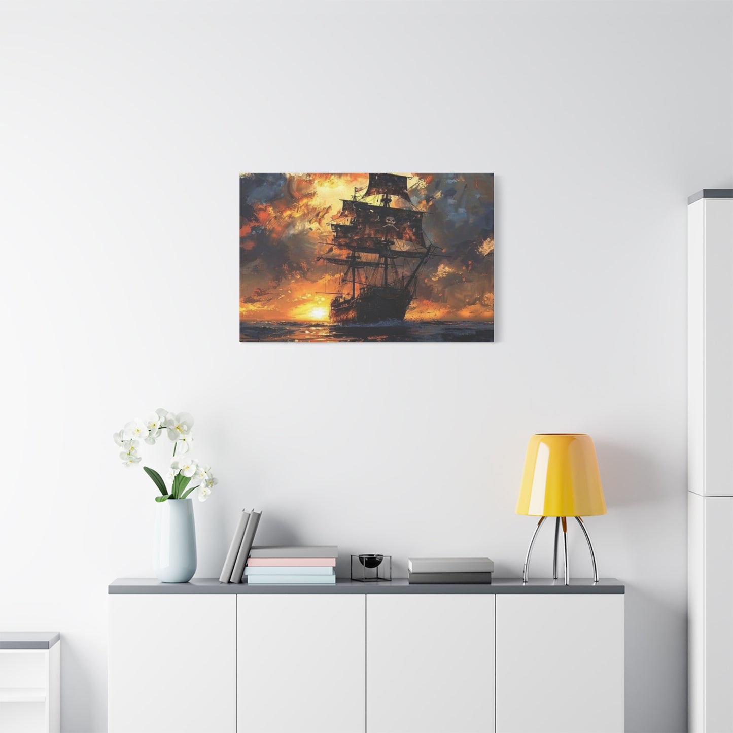 Ship In Sea With Sunset Wall Art & Canvas Prints