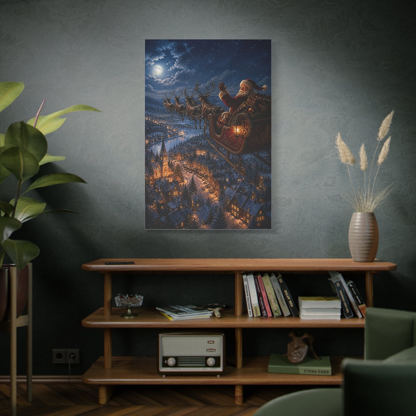Santa Sleigh Flight Over Snowy Village Wall Art & Canvas Print