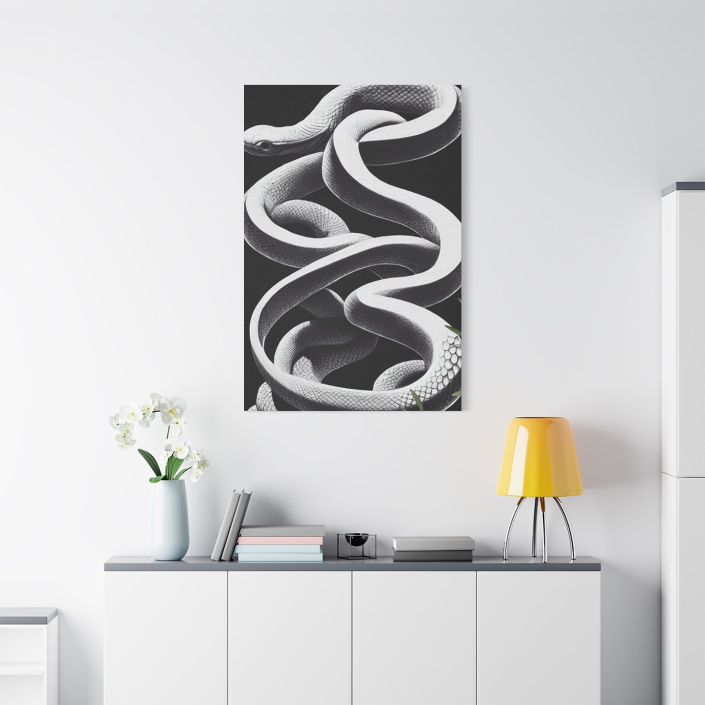 White Snake On Black Poster Wall Art & Canvas Prints