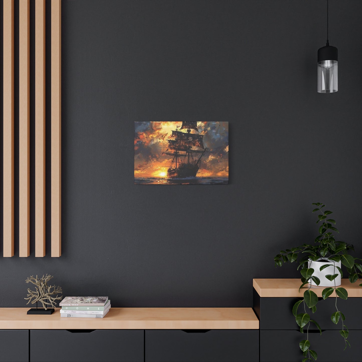 Ship In Sea With Sunset Wall Art & Canvas Prints