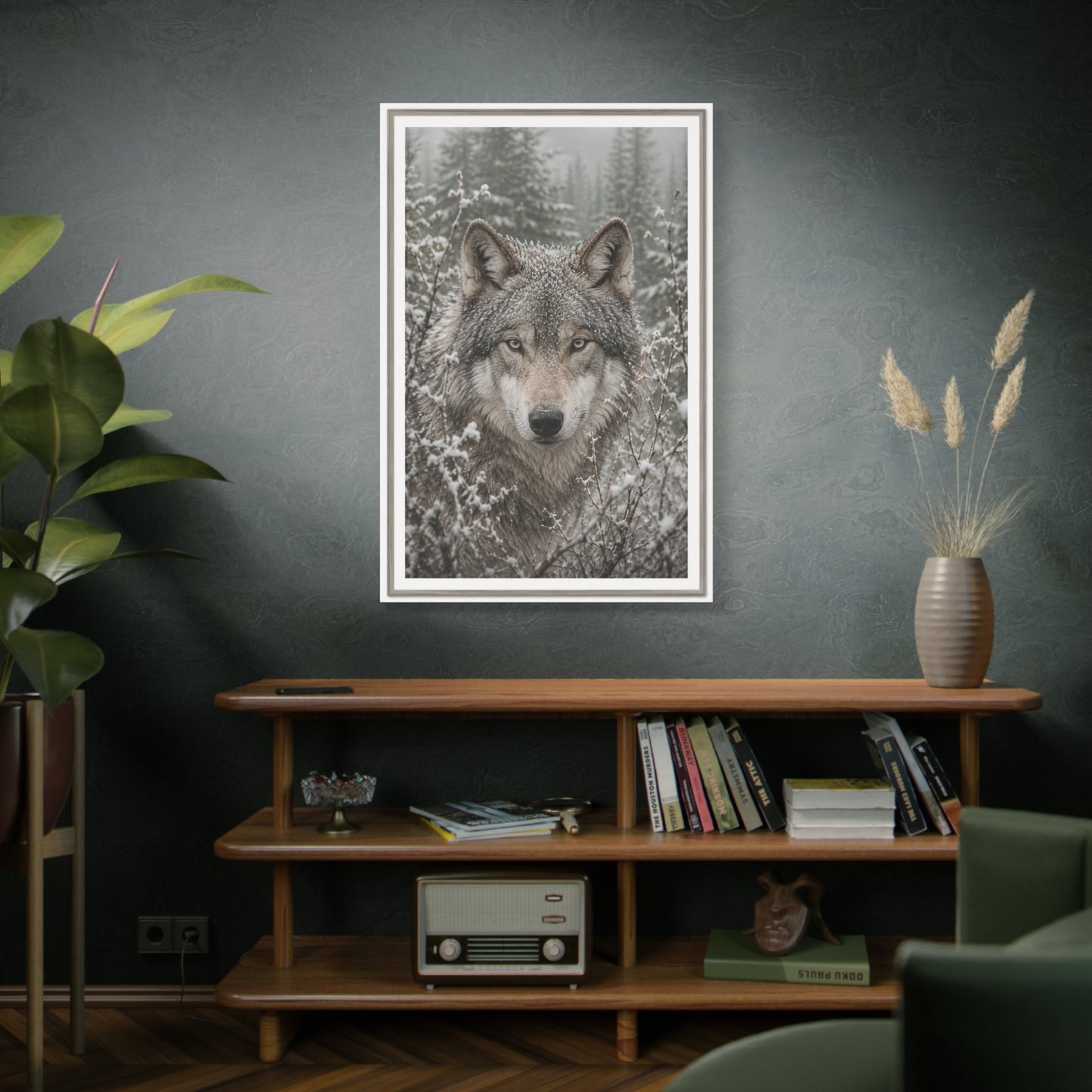 Snow Forest Gray Wolf Framed Portrait Wall Art & Canvas Print