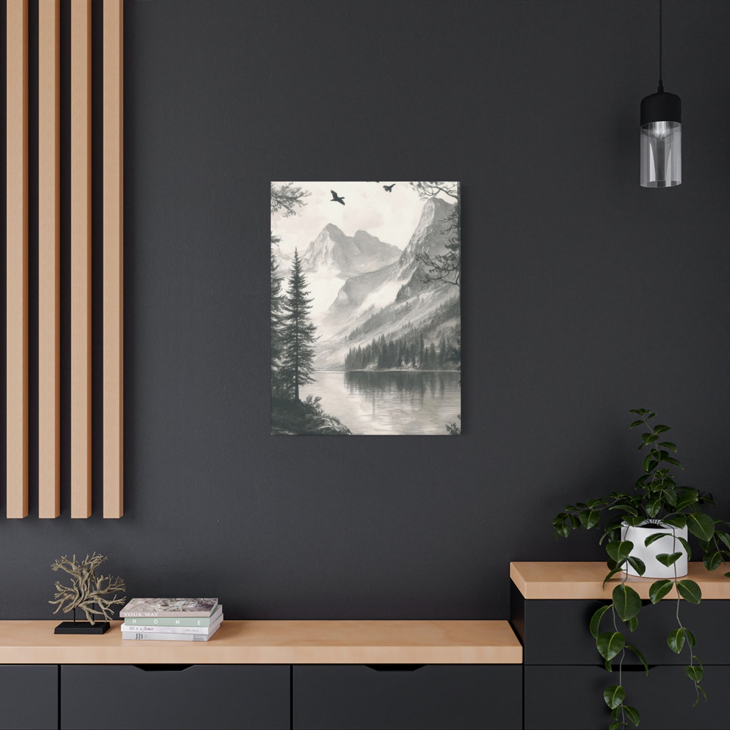 Lake Through Forest Grey Wall Art & Canvas Prints
