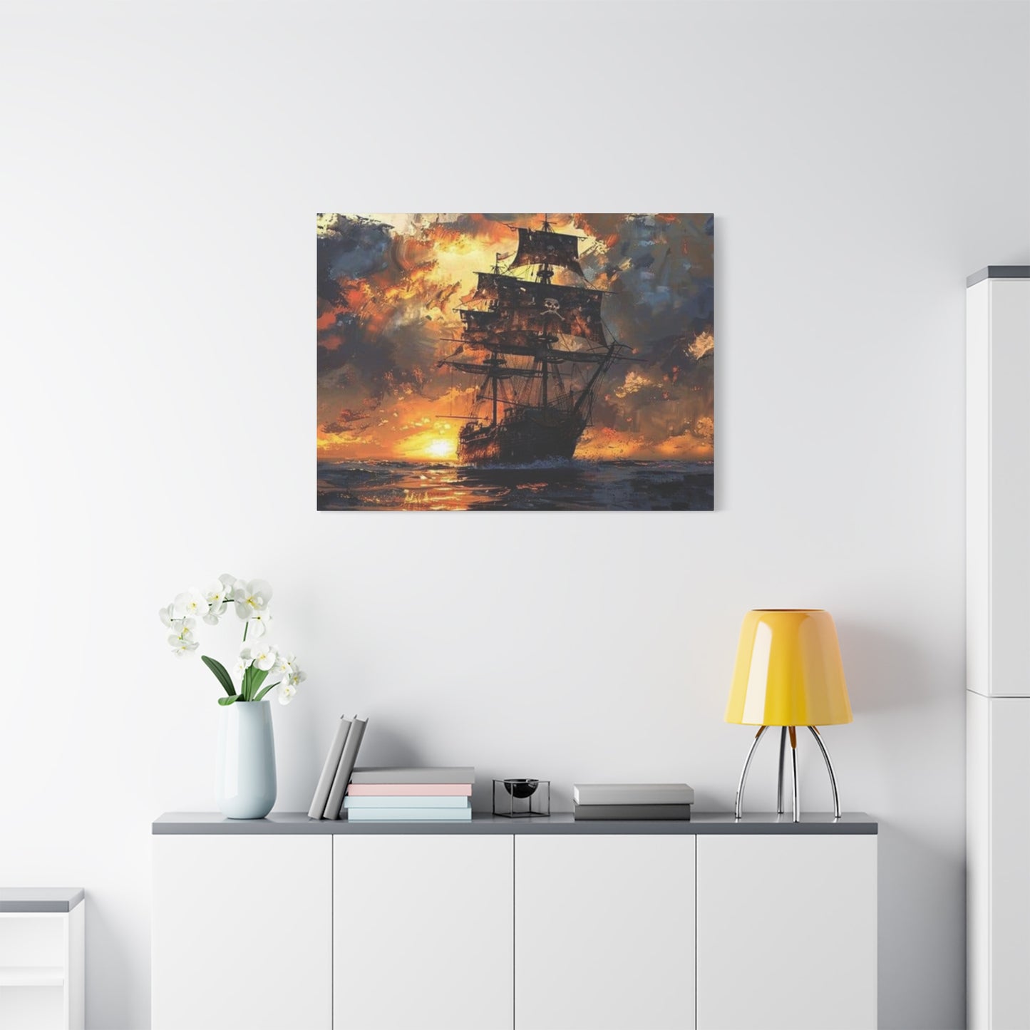 Ship In Sea With Sunset Wall Art & Canvas Prints