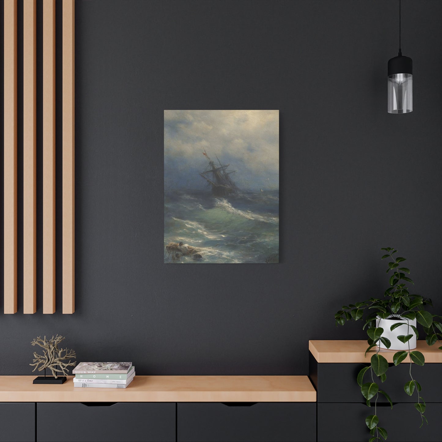 Black Sailing Ship At Waves Wall Art & Canvas Prints