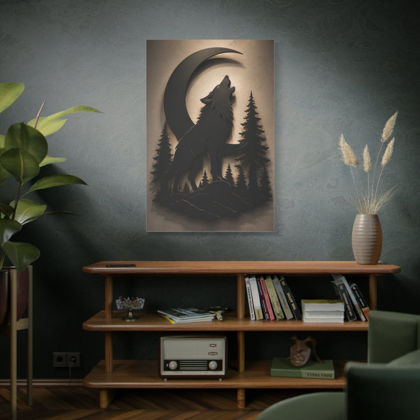Matte Black Howling Wolf Moon Silhouette Wall Art & Canvas Print