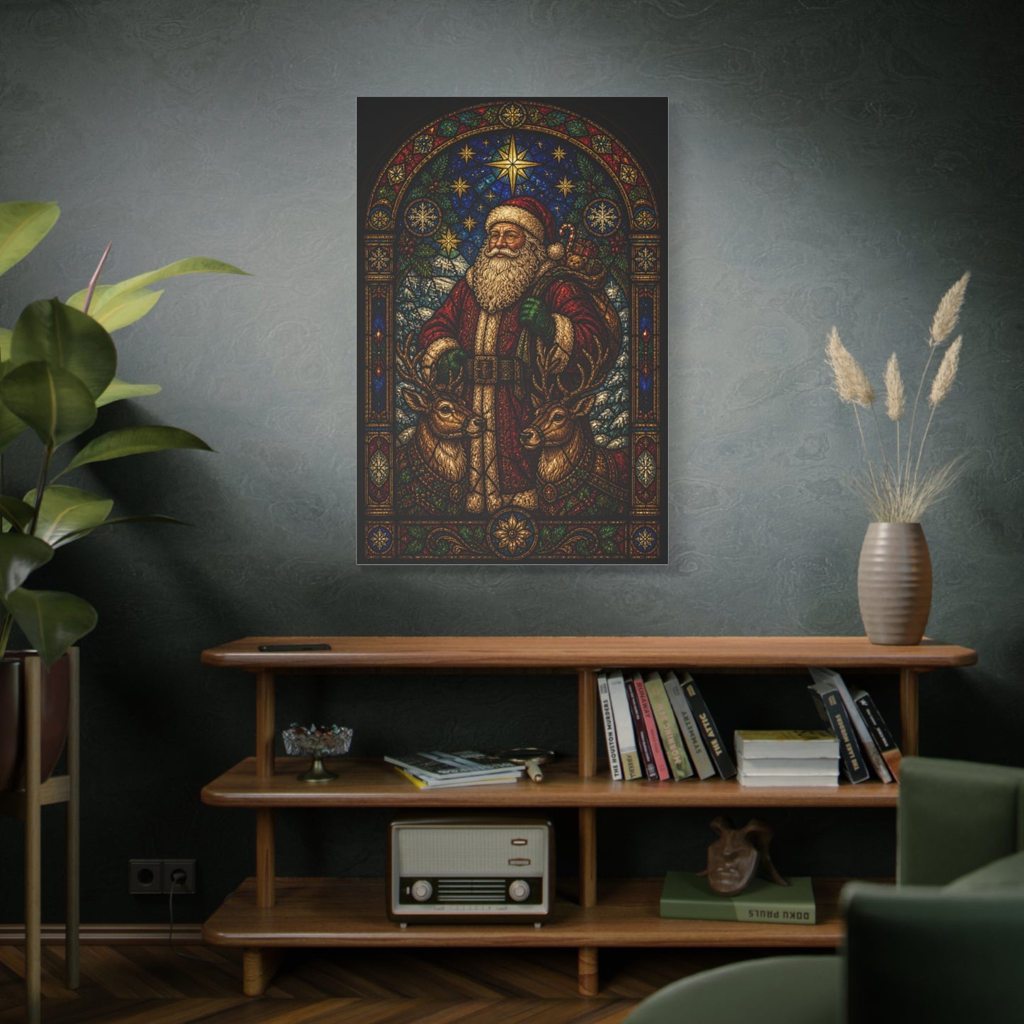 Stained Glass Santa and Reindeer Wall Art & Canvas Print