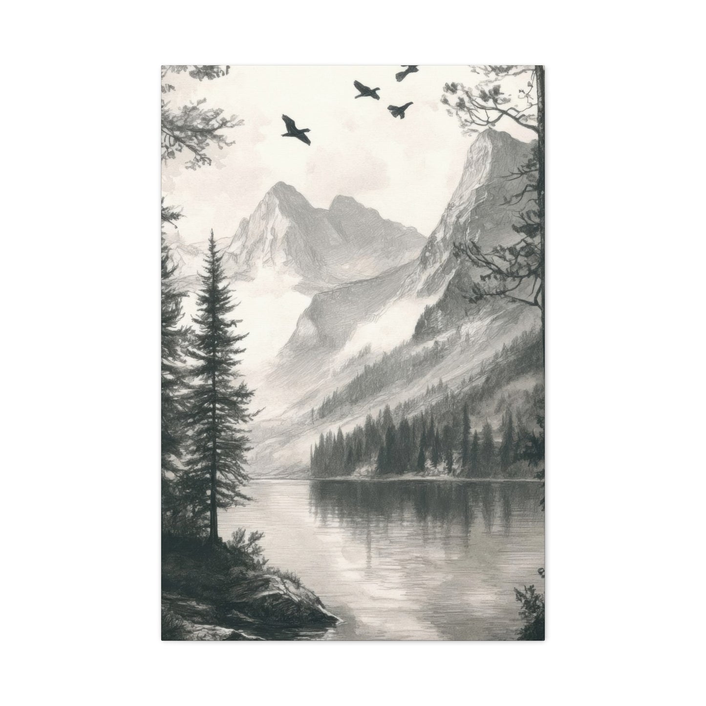 Lake Through Forest Grey Wall Art & Canvas Prints