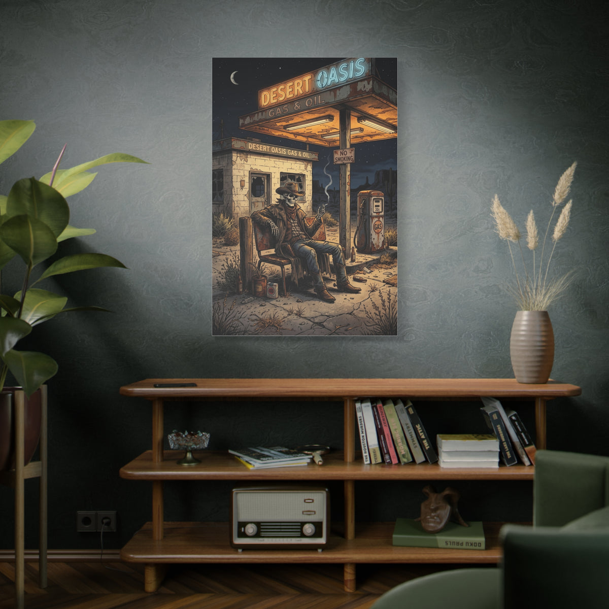 Desert Oasis Skeleton Cowboy Scene Wall Art & Canvas Print