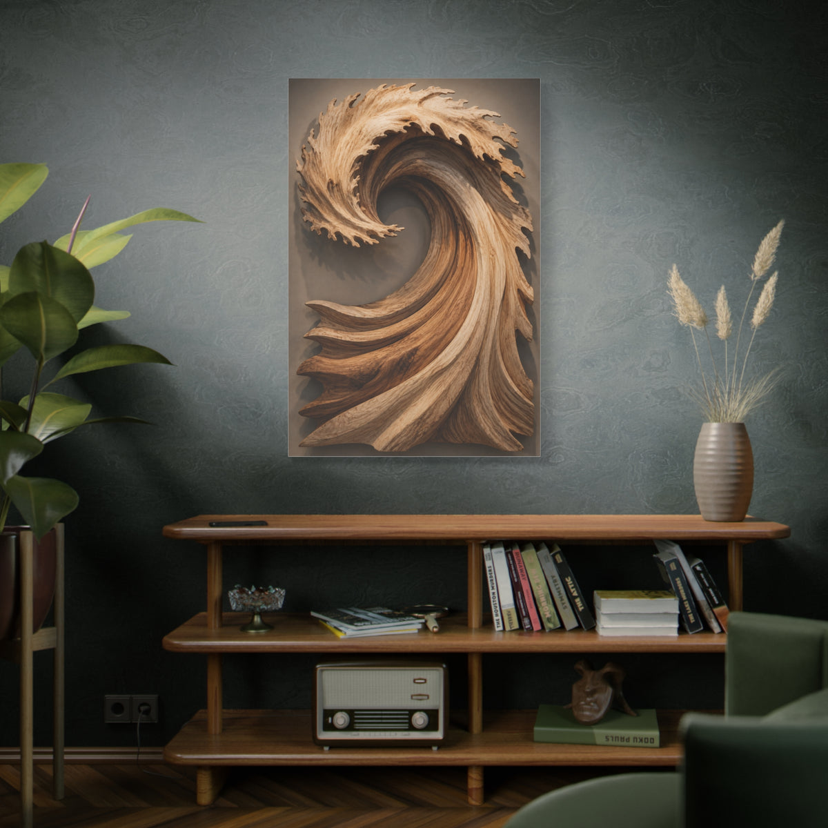 Hand-Carved Wooden Crest Wave Sculpture Wall Art & Canvas Print
