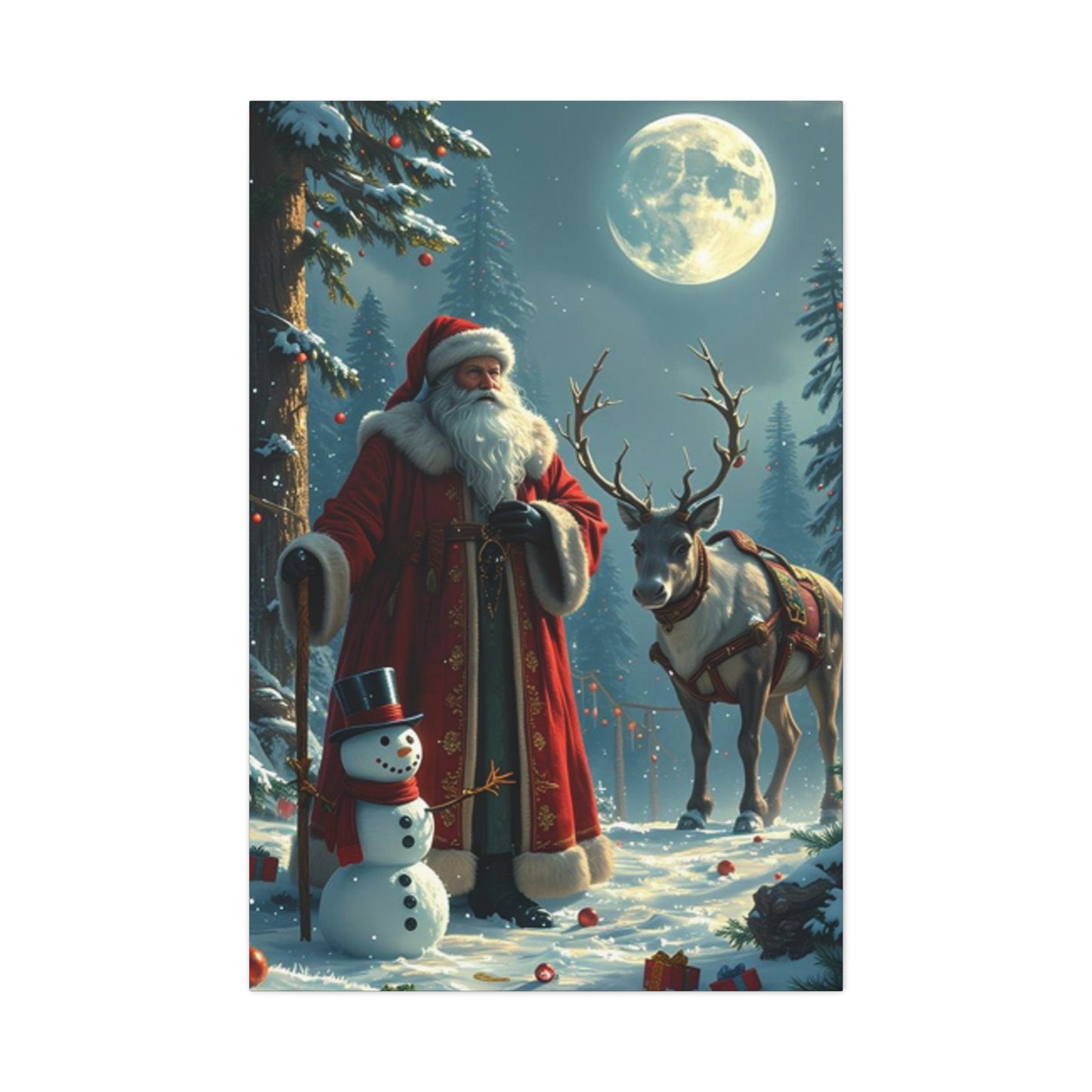 Santa Claus And Reindeer In Snow Wall Art & Canvas Prints