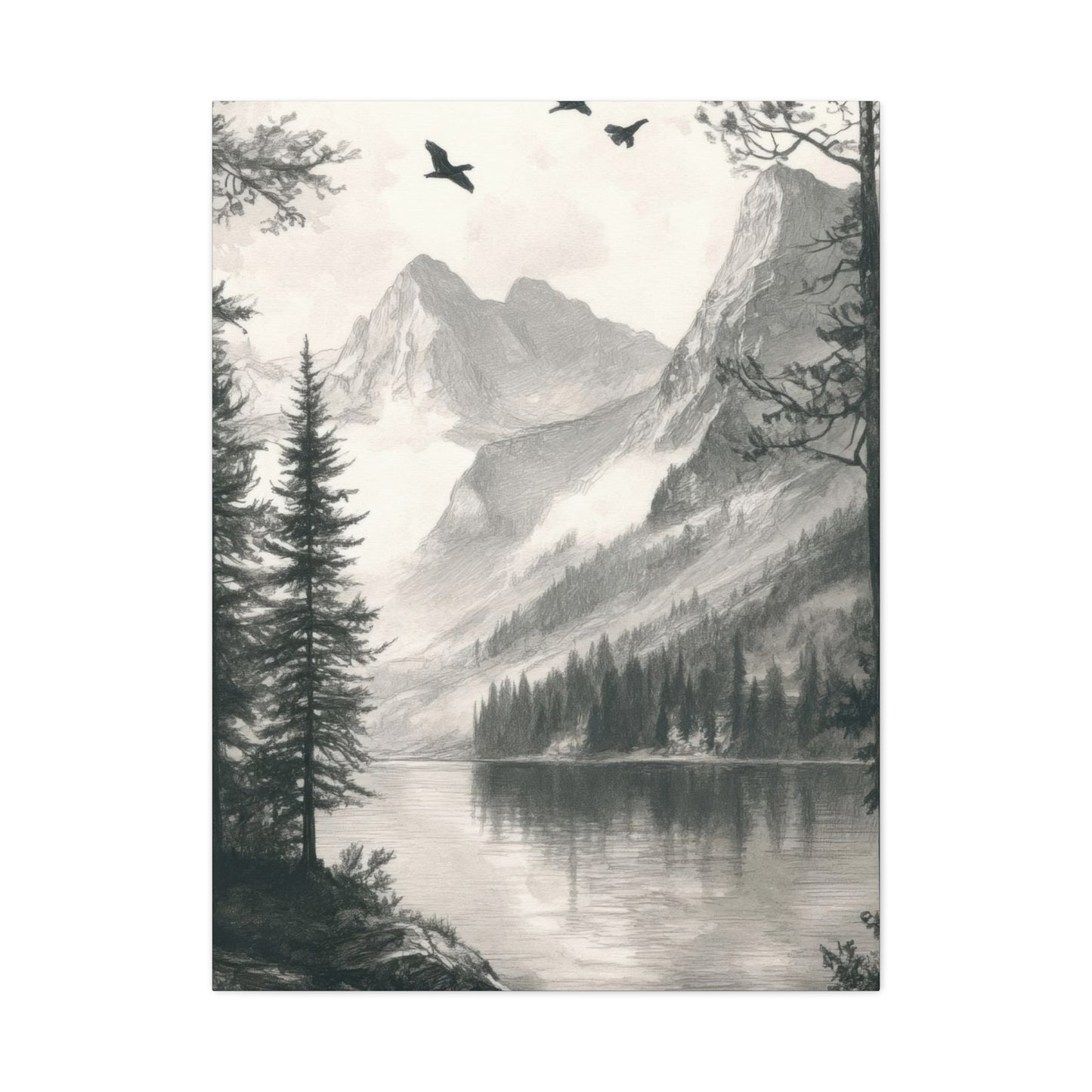 Lake Through Forest Grey Wall Art & Canvas Prints