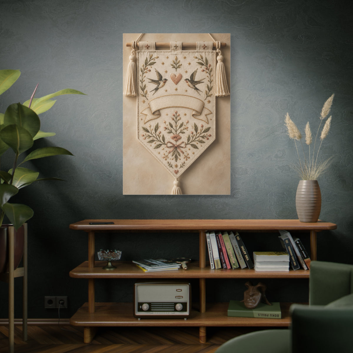 Hand-Embroidered Romantic Birds Textile Wall Art & Canvas Print