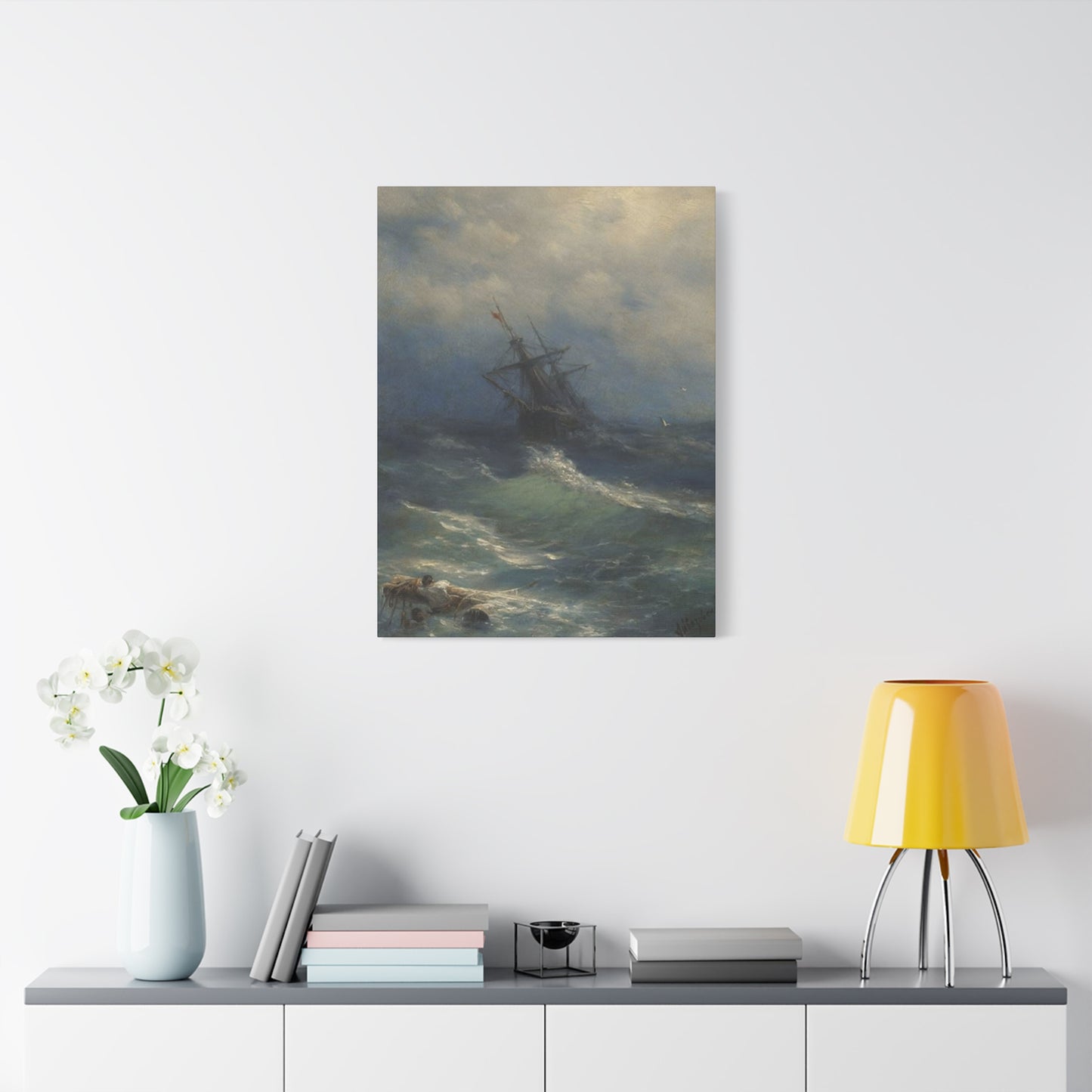 Black Sailing Ship At Waves Wall Art & Canvas Prints
