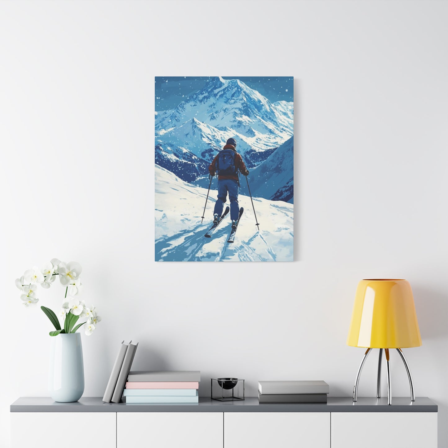 Skiing On A Snowy Mountain At Night Wall Art & Canvas Prints