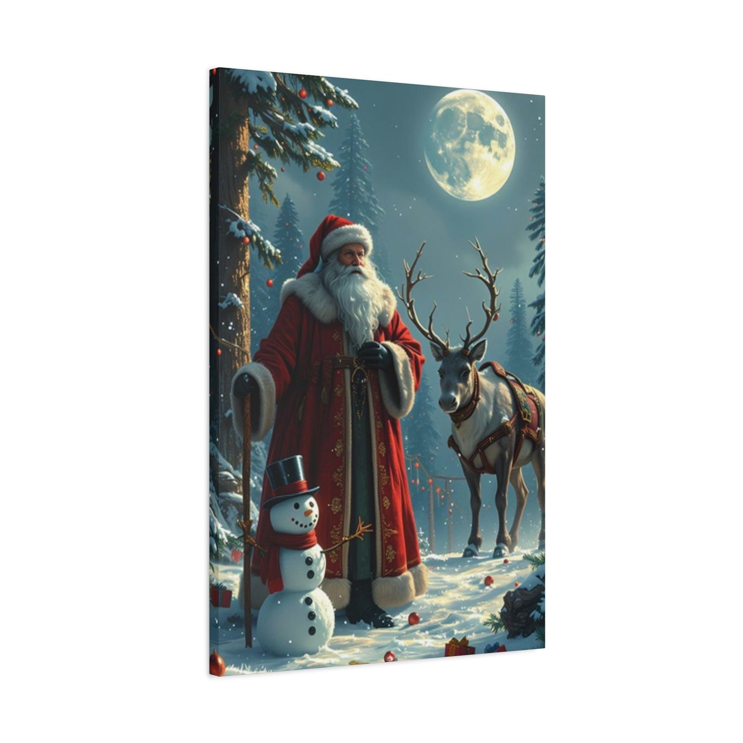 Santa Claus And Reindeer In Snow Wall Art & Canvas Prints