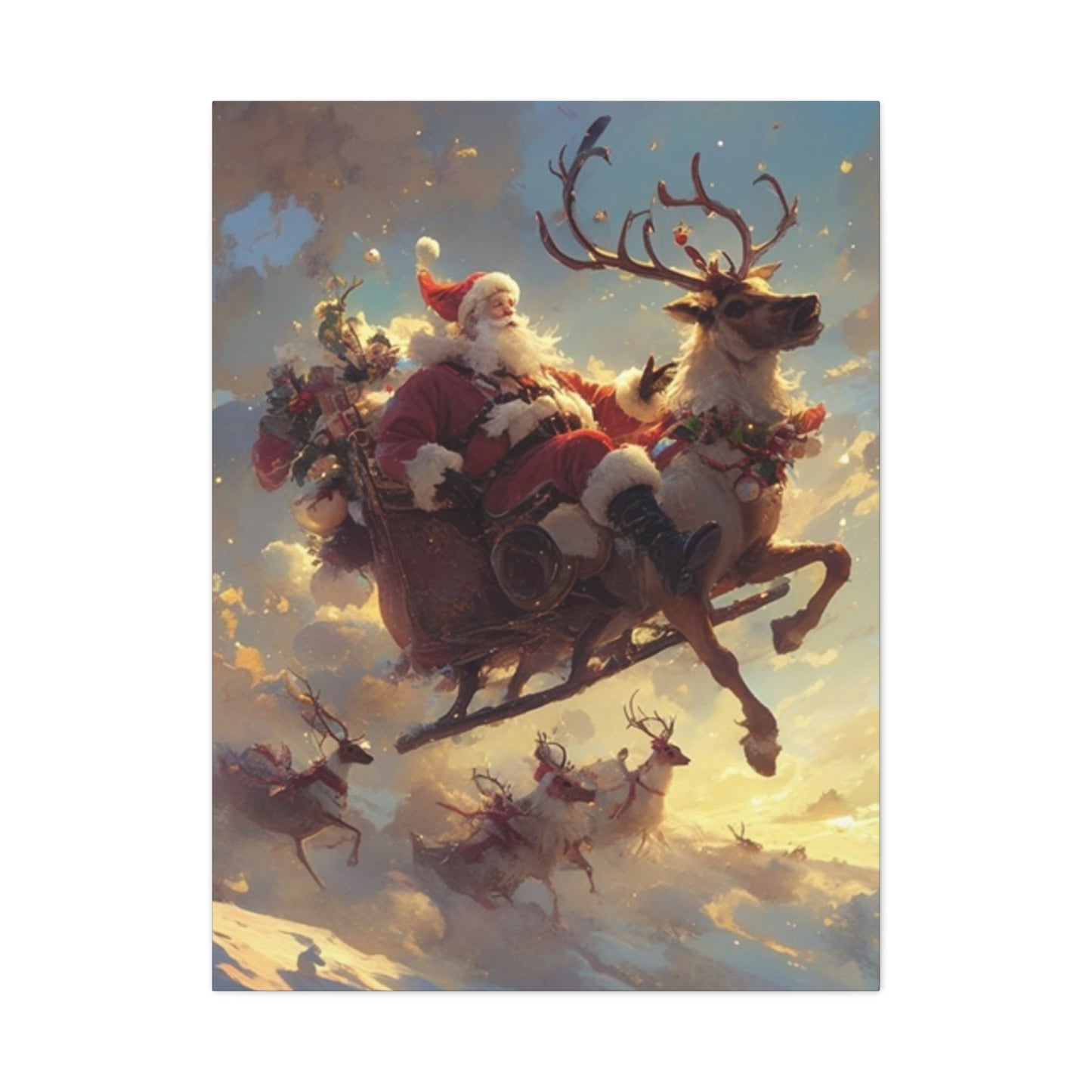 Santa Claus And Reindeer Flying Wall Art & Canvas Prints