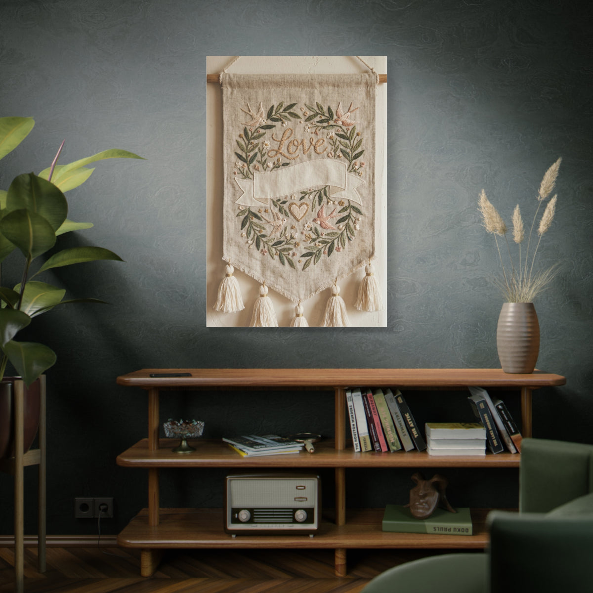 Bohemian Love Embroidered Textile Banner Wall Art & Canvas Print