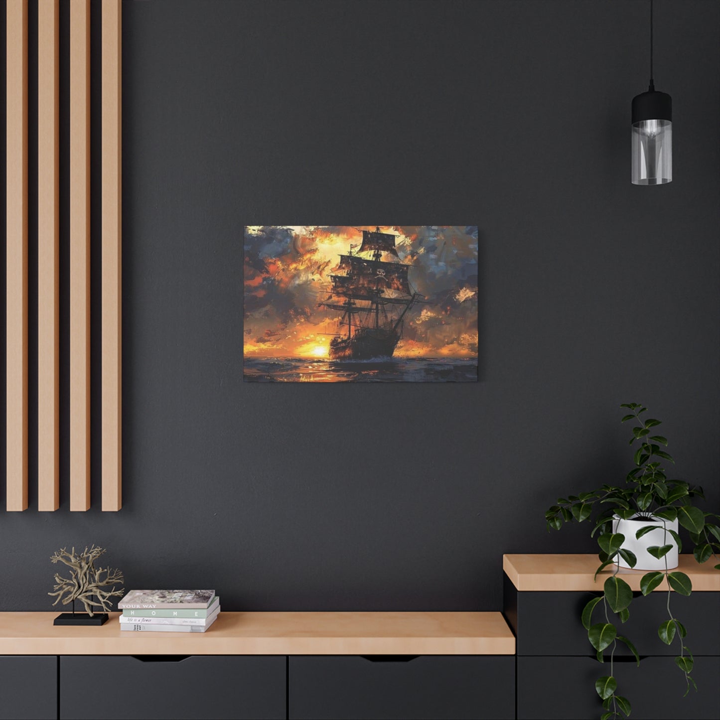 Ship In Sea With Sunset Wall Art & Canvas Prints