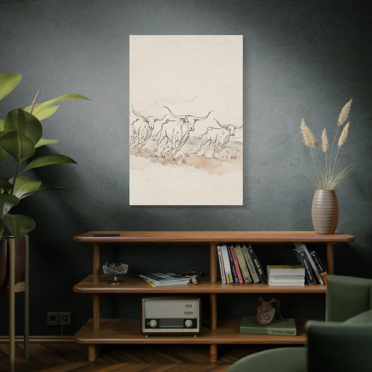 Running Longhorn Line Sketch Panorama Wall Art & Canvas Print