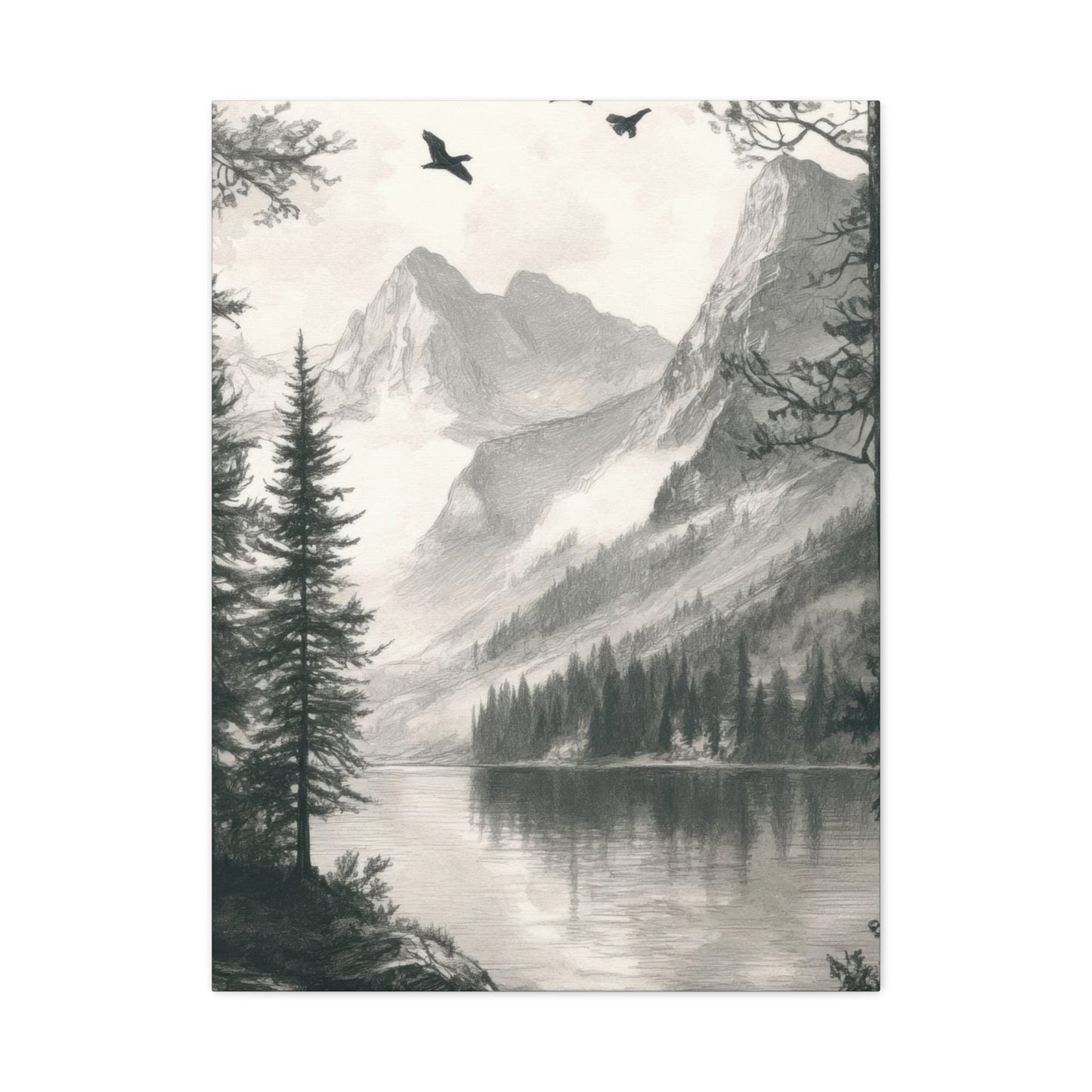 Lake Through Forest Grey Wall Art & Canvas Prints