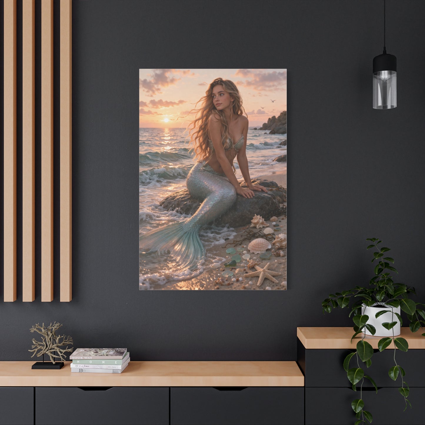 Golden Sunset Shore Mermaid Wall Art & Canvas Print