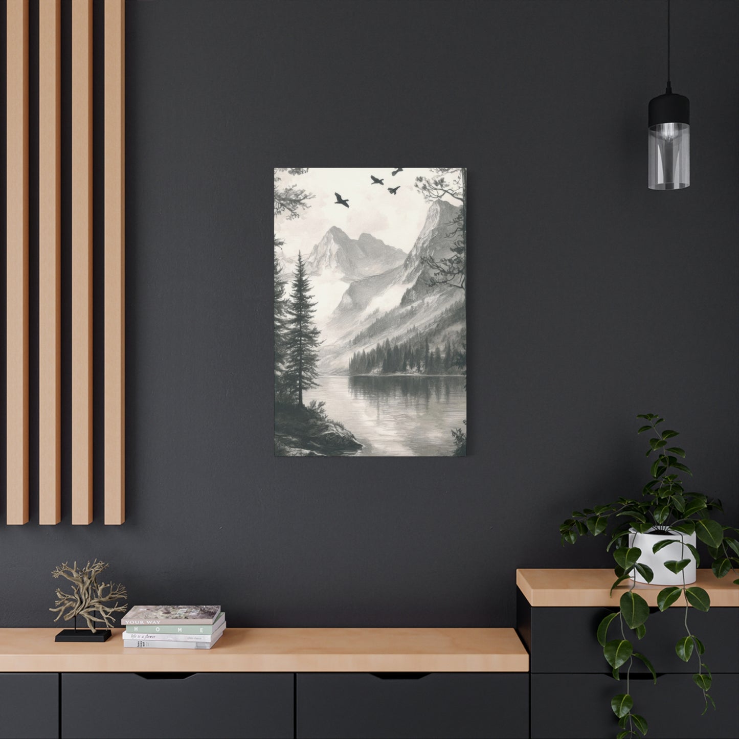 Lake Through Forest Grey Wall Art & Canvas Prints