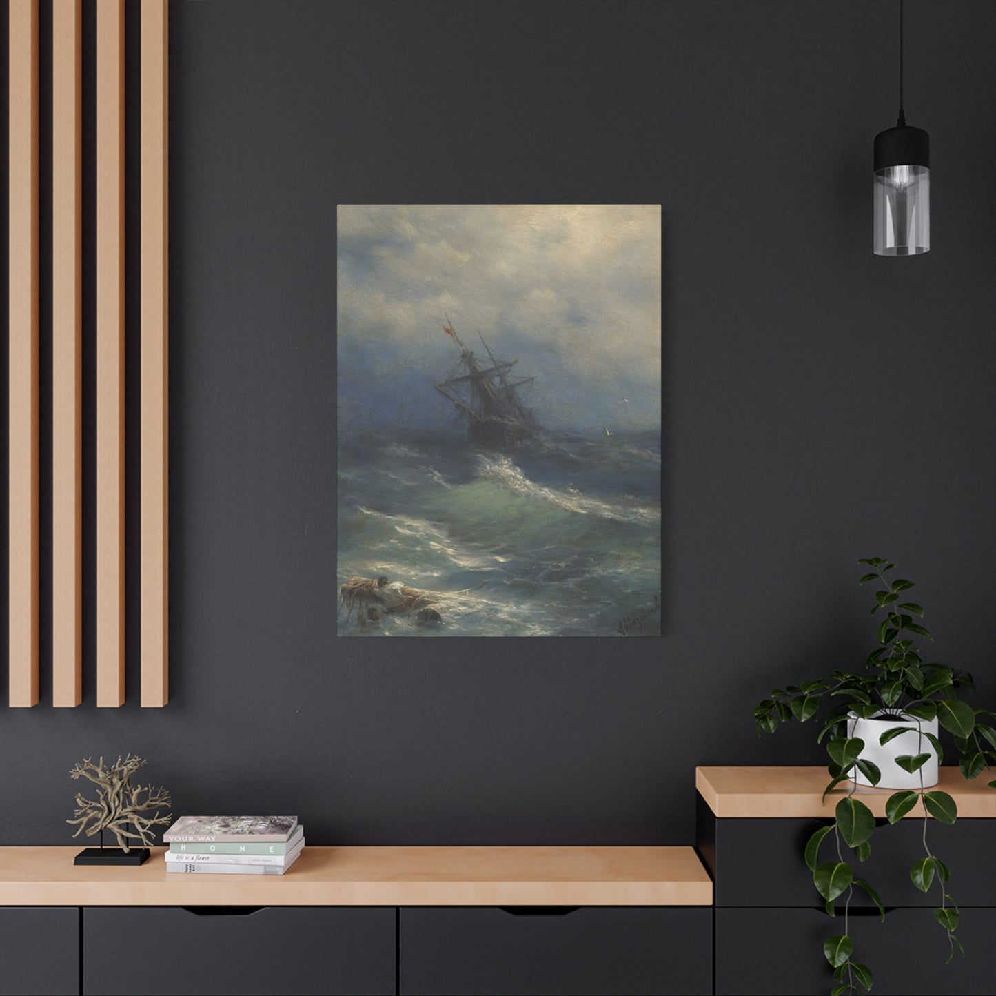 Black Sailing Ship At Waves Wall Art & Canvas Prints