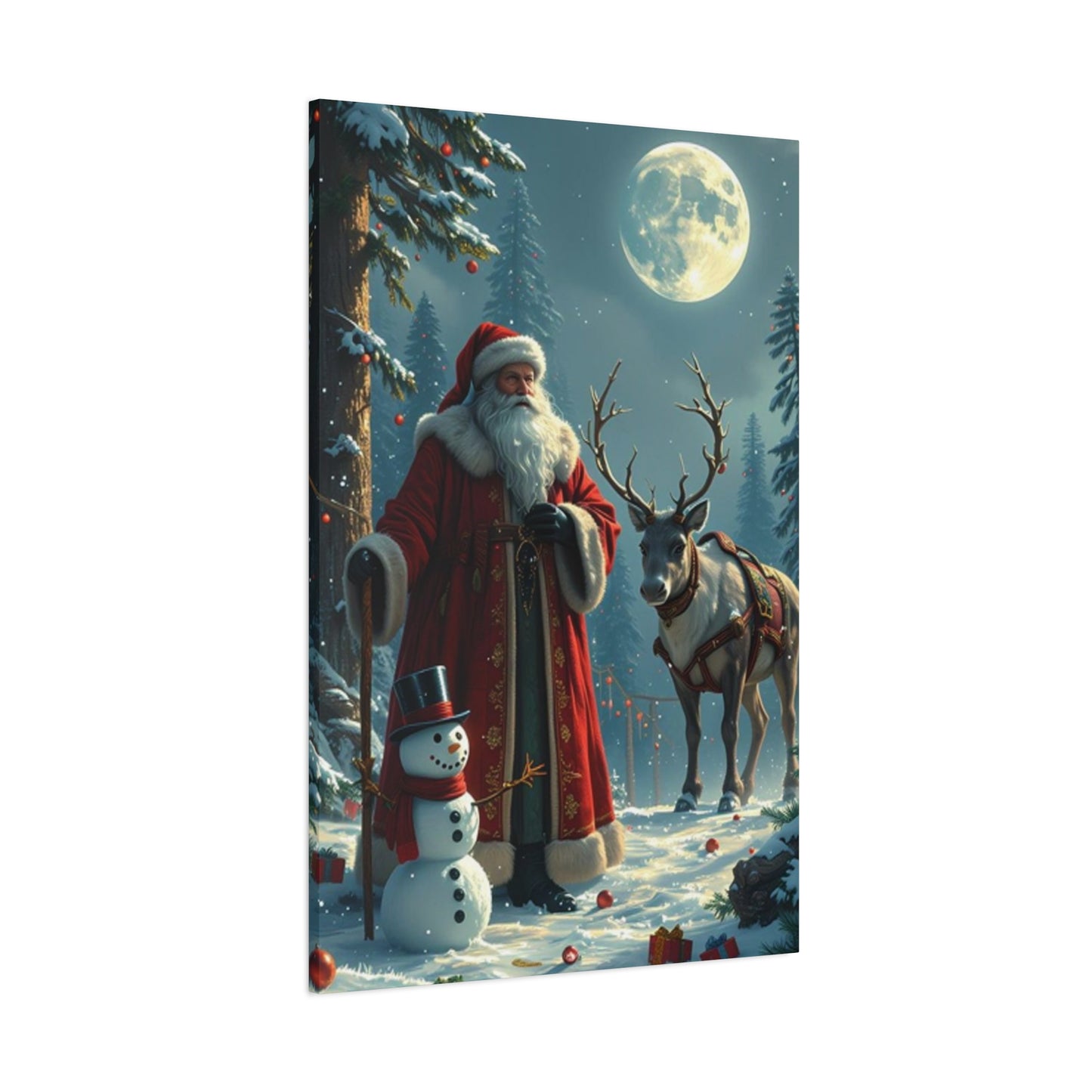 Santa Claus And Reindeer In Snow Wall Art & Canvas Prints