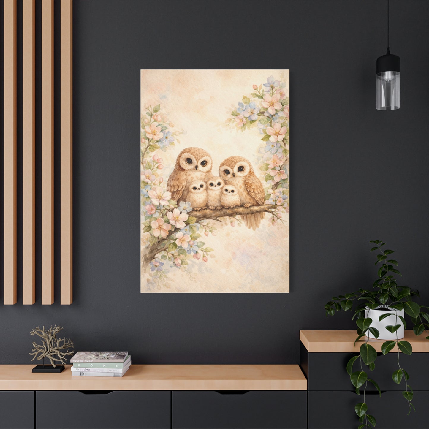 Whimsical Owl Family Blossom Scene Wall Art & Canvas Print