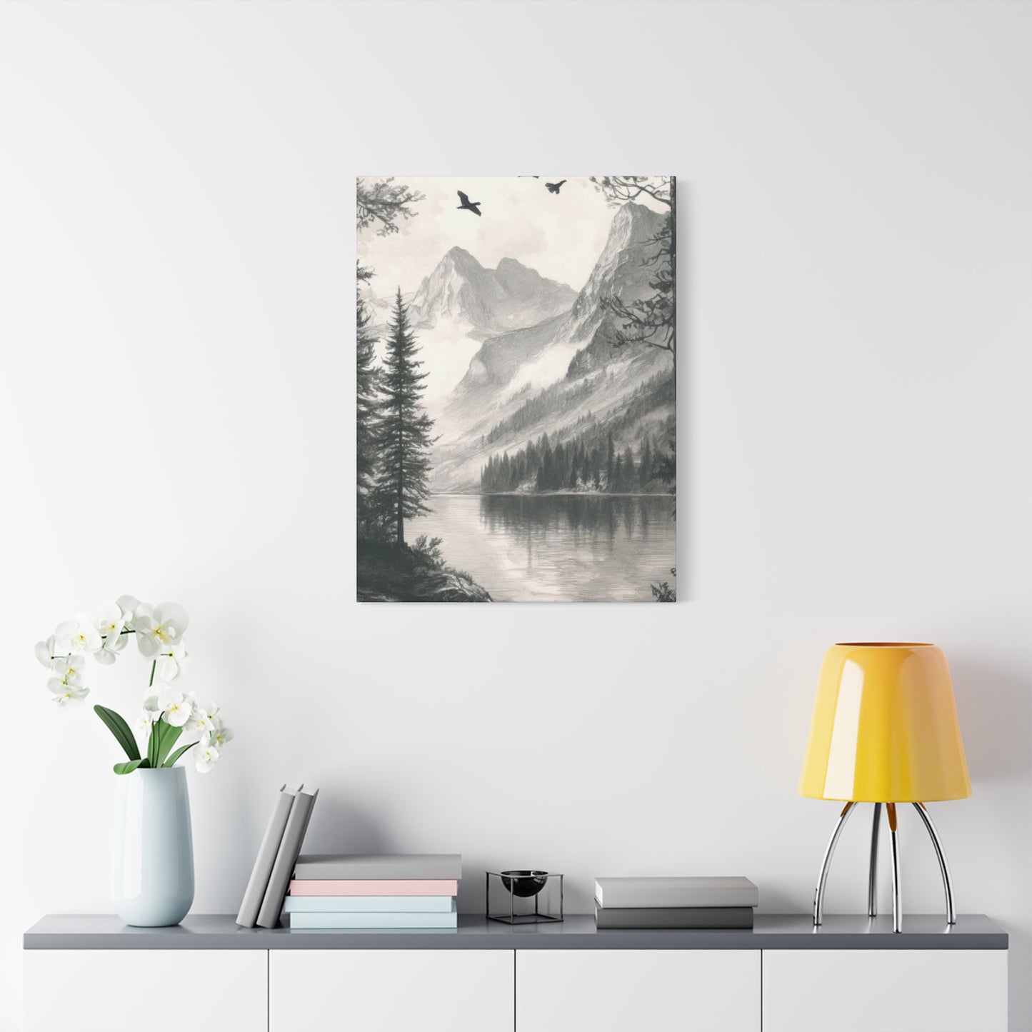 Lake Through Forest Grey Wall Art & Canvas Prints
