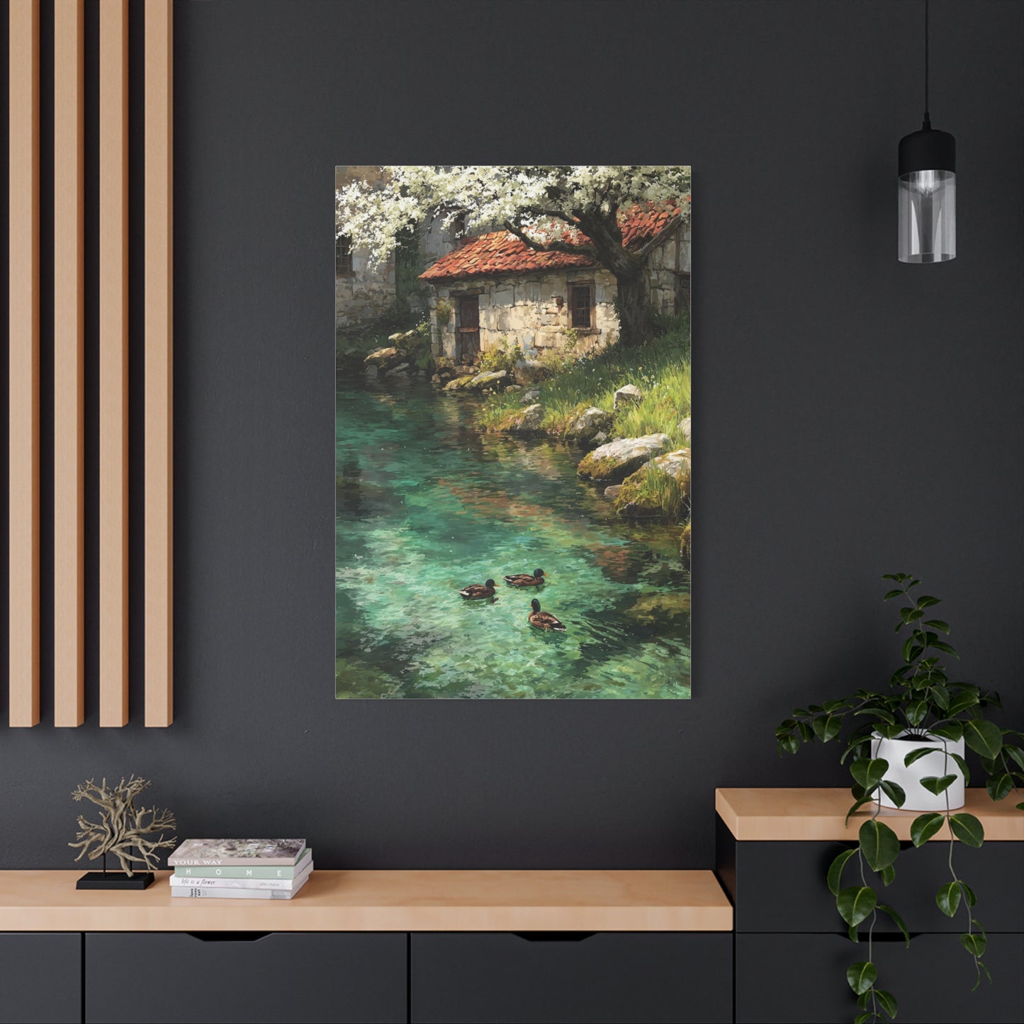 Spring Farmhouse Stream Scene Wall Art & Canvas Print