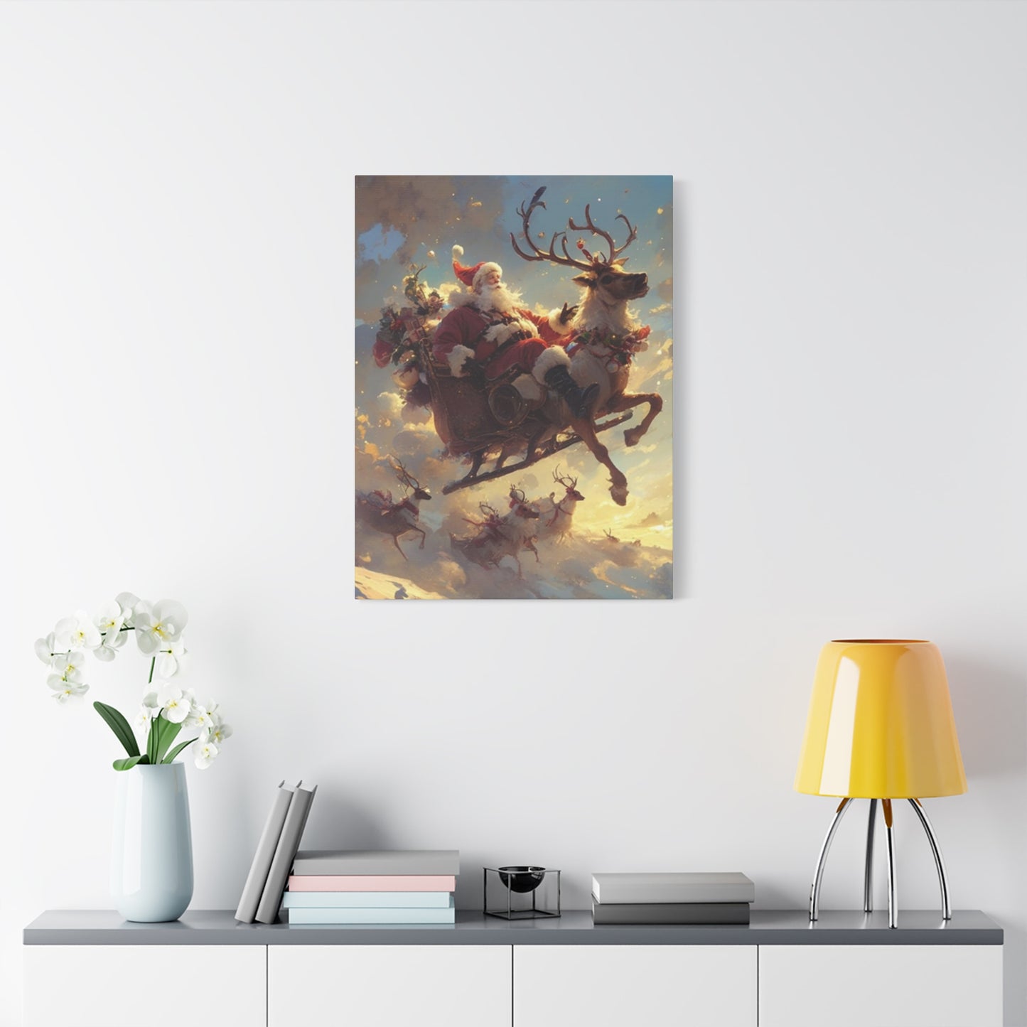 Santa Claus And Reindeer Flying Wall Art & Canvas Prints