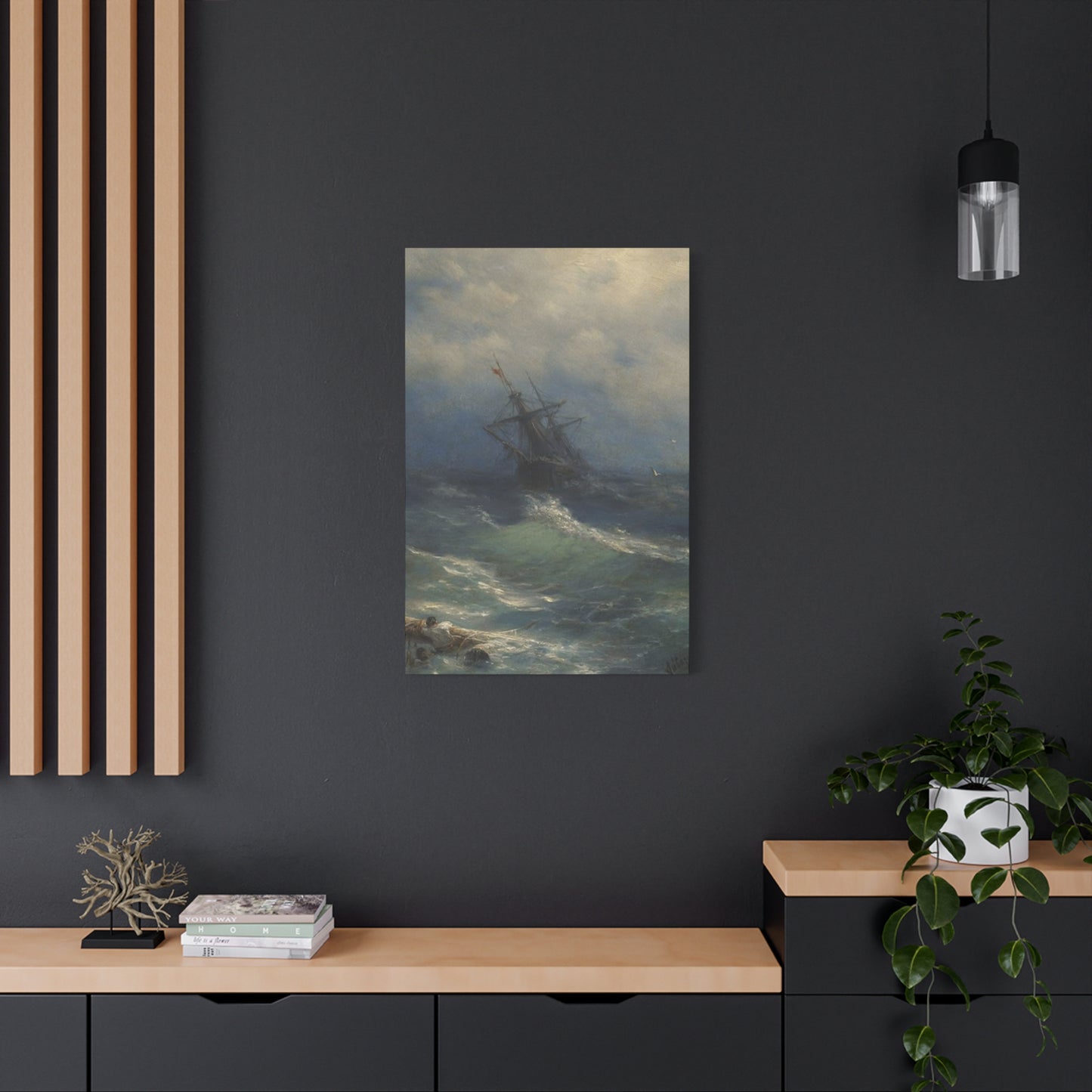 Black Sailing Ship At Waves Wall Art & Canvas Prints