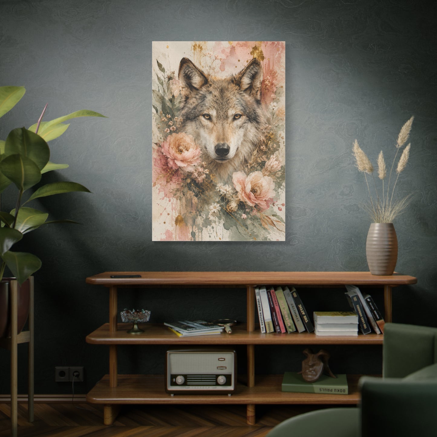 Boho Floral Wolf Portrait Blush Composition Wall Art & Canvas Print