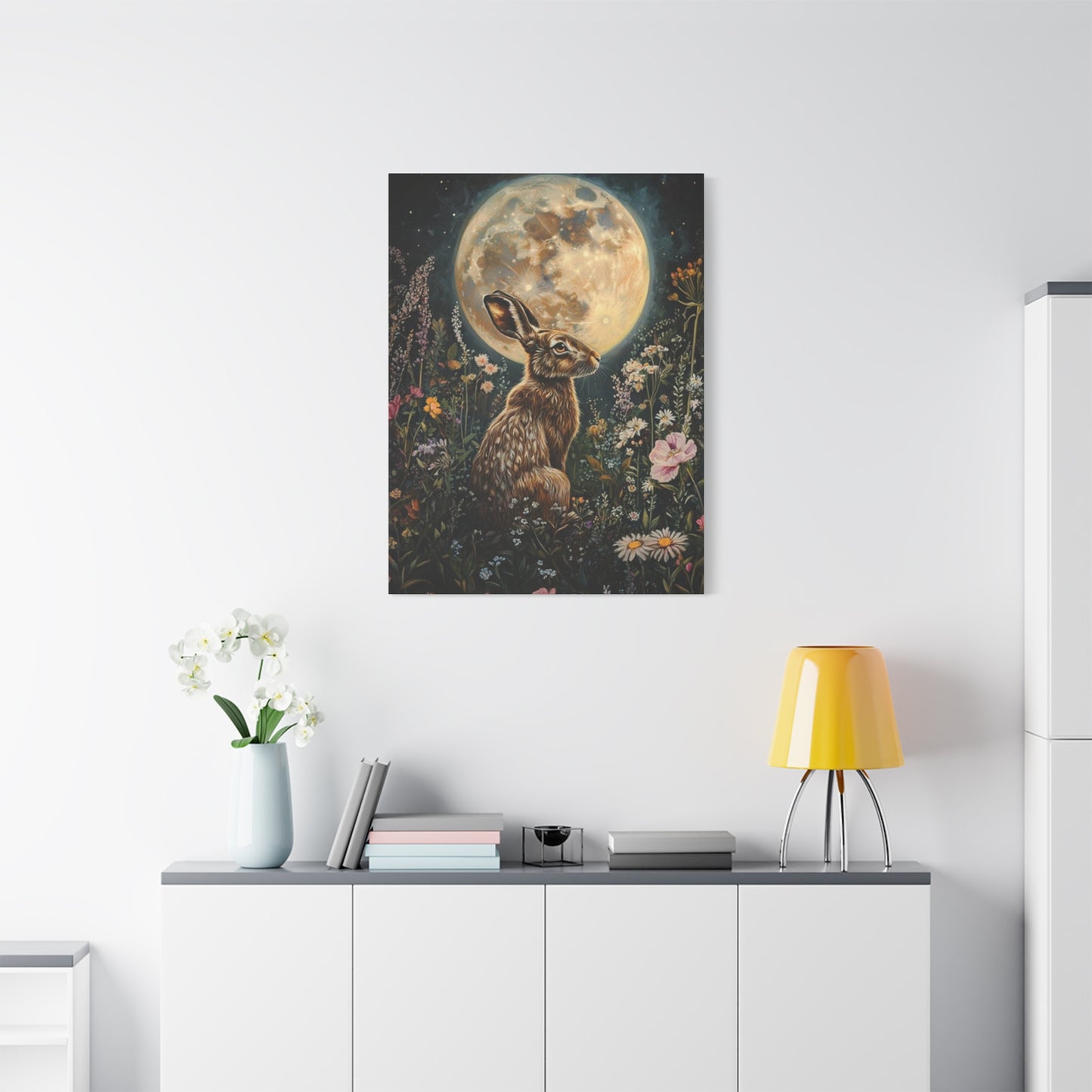 Moon And The Small White Rabbit Wall Art & Canvas Prints
