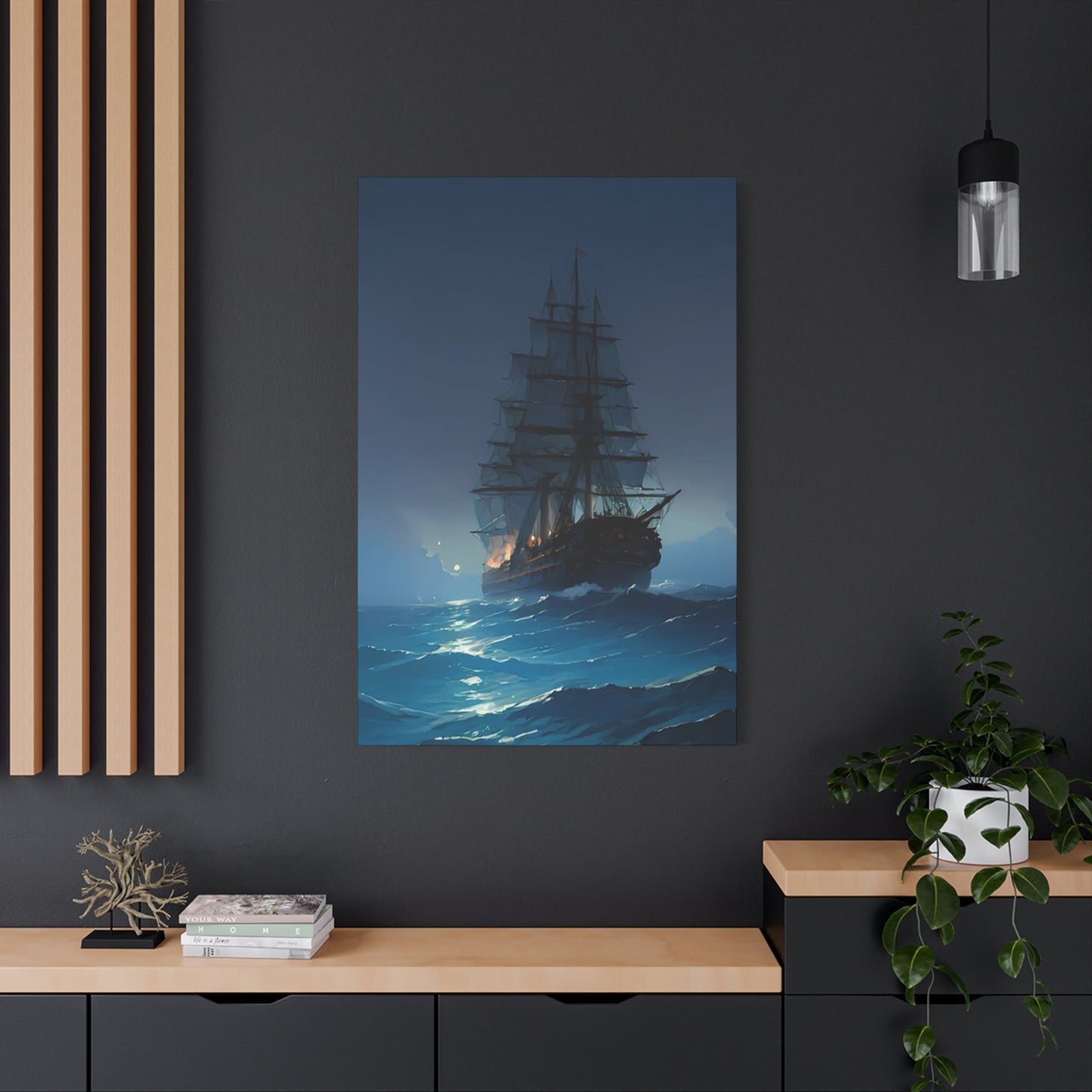 Black Sailing Ship At Night Wall Art & Canvas Prints