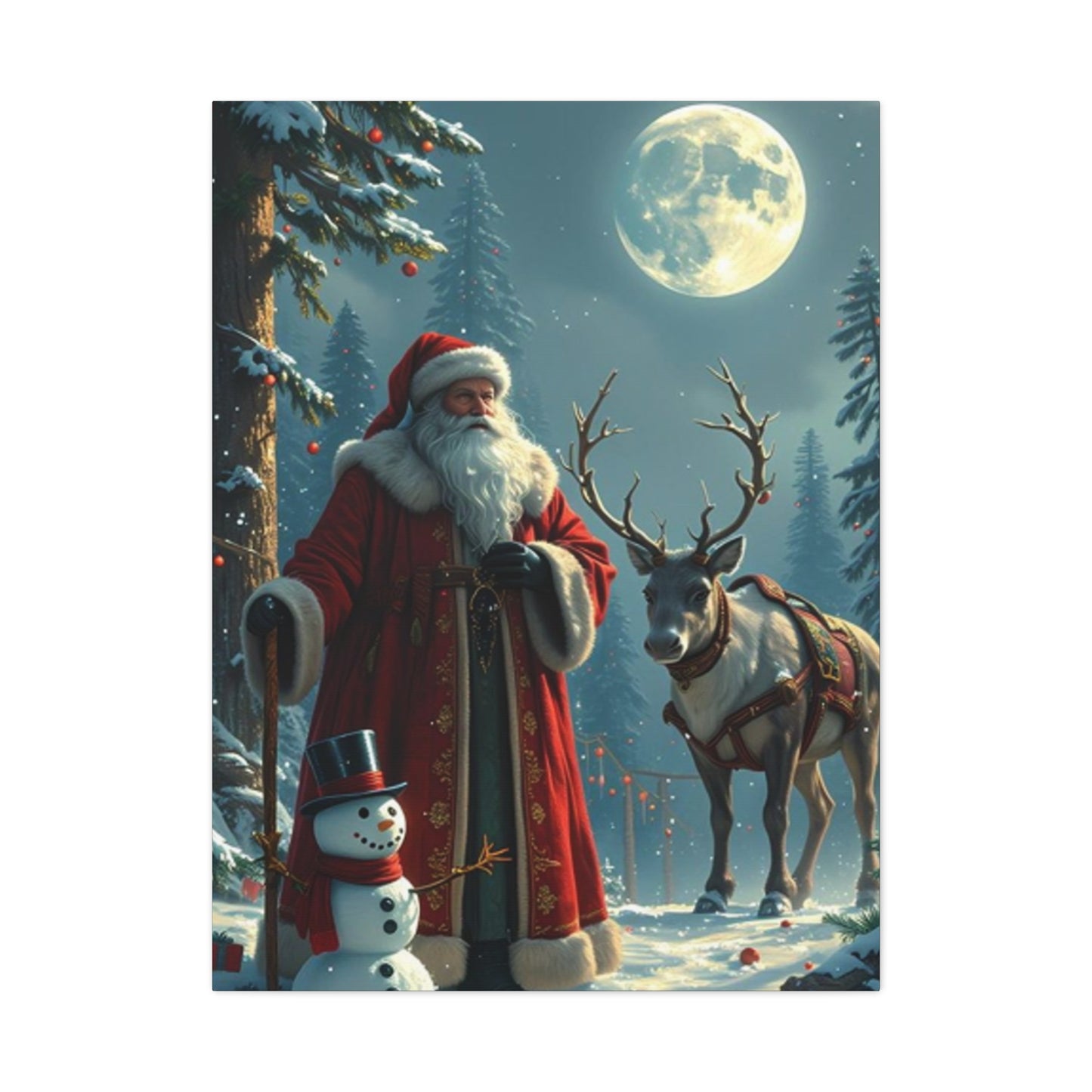 Santa Claus And Reindeer In Snow Wall Art & Canvas Prints