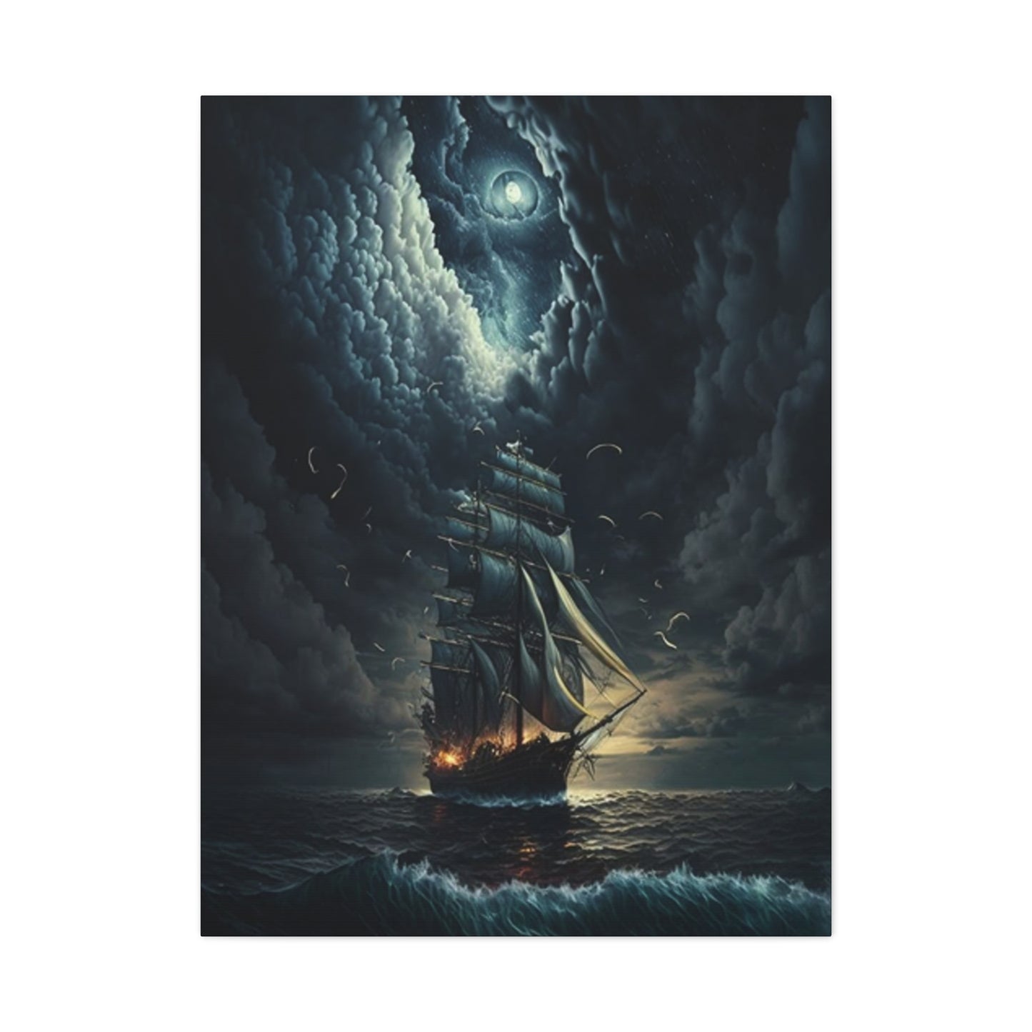 Ship Sailing At Night Painting Wall Art & Canvas Prints